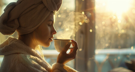 Wall Mural - A beautiful woman in her mid20s, wearing an oversized bathrobe and towel on head, enjoying steaming coffee by the window at sunrise.