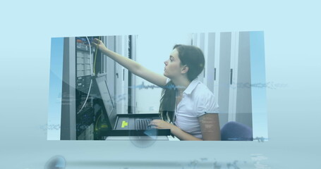 Poster - Image of data processing over diverse it engineers by computer server