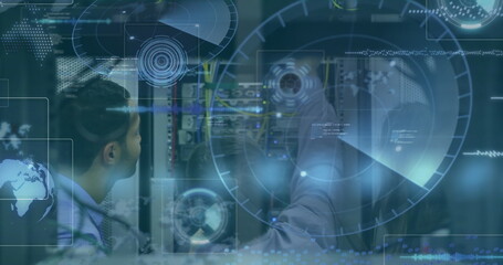 Poster - Image of data processing over diverse it engineers and computer server