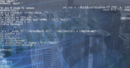 Poster - Image of screens with data processing over office desk against cityscape