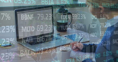 Poster - Image of financial data processing on caucasian woman drinking coffee and taking notes at office