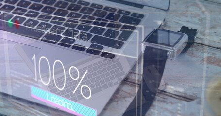 Poster - Image of data processing against close up of laptop and smartwatch cup on a wooden table