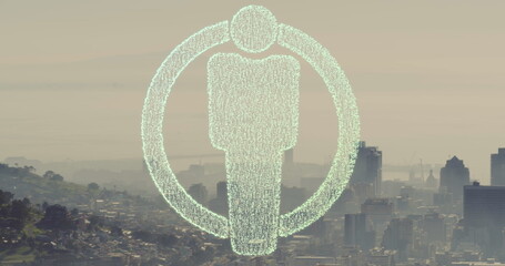 Poster - Image of dots forming male restroom icon in circle over aerial view of mountain and city