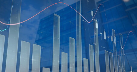 Poster - Image of statistical data processing against view of tall buildings
