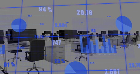 Poster - Image of multiple graphs with changing numbers over unoccupied chairs and desktops in office