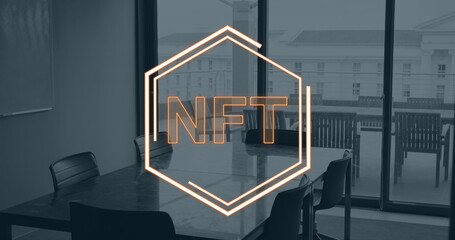 Poster - Image of nft text and data processing over office
