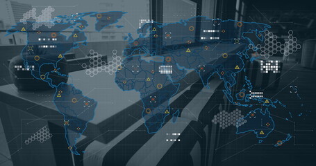 Poster - Image of world map and data processing over office