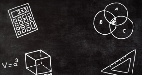 Poster - Image of mathematics concept icons against copy space on black board background