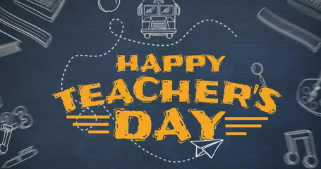 Sticker - Image of happy teachers day text banner and school concept icons against blue background