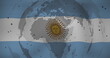 Image of spinning globe and data processing against waving argentina flag background