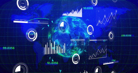 Poster - Image of graphs, loading circles and bars with connected dots globe over blue map