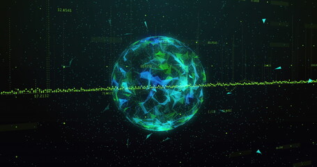 Poster - Image of graph and globe over loading circles and bars with graphs on black background