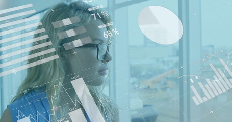 Poster - Image of infographic interface over caucasian woman looking through glass window