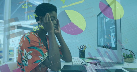 Poster - Image of infographic interface over tired african american woman massaging head in office