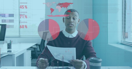 Poster - Image of infographic interface over biracial man discussing reports on image call in office
