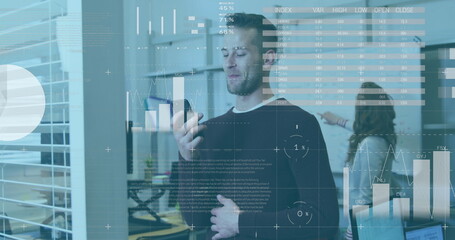 Poster - Image of infographic interface, smiling caucasian man talking on speaker of cellphone in office