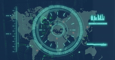Poster - image of loading circles and bars over changing numbers , graph and map