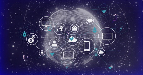Poster - Image of flowchart of icons over connected dots around globe against abstract background