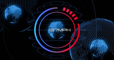 Poster - Image of changing numbers and globe in loading circles over globes against black background
