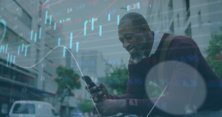 Poster - Image of multiple graphs, trading board, african american smiling while scrolling on cellphone