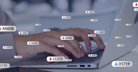 Poster - Image of social media icons against mid section of businessman using laptop at office