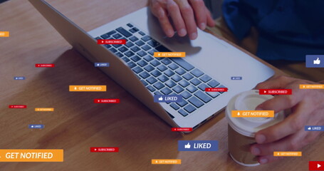 Poster - Image of social media icons against mid section of man using laptop at a cafe