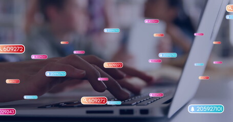 Poster - Image of social media icons against mid section of man using laptop at office