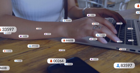 Poster - Image of social media icons against mid section of woman using laptop at office