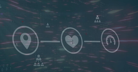 Poster - Image of flowchart and profile icons over circular abstract pattern against abstract background