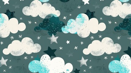 Poster - Hand drawn seamless pattern featuring clouds and stars in shades of grey and teal Scandinavian design