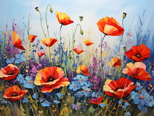 Sticker - 3d poppies in a grassy landscape