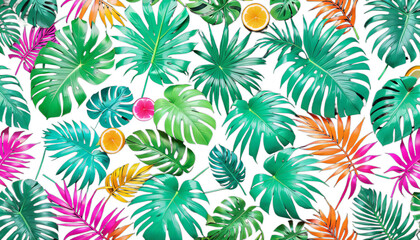 Wall Mural - exotic summer illustration vivid colors palm leaves tropical neon background pattern lights colorful fresh plants seamless jungle composition colours textile print nature concept fashion pastel light