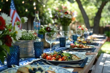 A table set for an outdoor gathering with a patriotic theme, featuring American flags and a variety of dishes. 4th of July, american independence day, memorial day concept