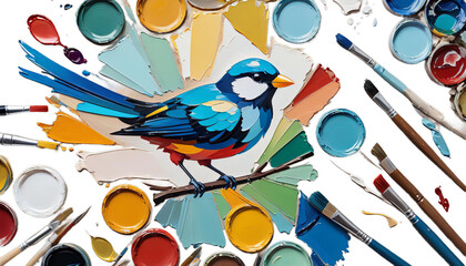 Wall Mural - painting pichuga oil closeup canvas bird multicolored abstract palette portrait tones conceptual knife nature parrot blue colourful wildlife colours red white yellow tree tropical branch green