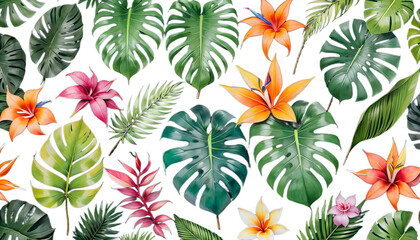 Wall Mural - strelitzia flowers anthurium jungle branches bright palm watercolor monstera leaves leaf orchid tropical grass liconia set floral foliage isolated banana wedding exotic vintage greenery graphic