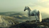 Fototapeta  -  Stunning 3D artwork portraying a horse standing regally against a backdrop of rolling hills and vast open sky. 
