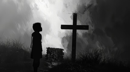 Wall Mural - Silhouette of a person gazing up at a cross