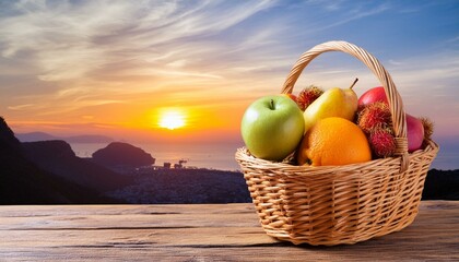Wall Mural - Basket of fruit on a wooden table with a sunset in the