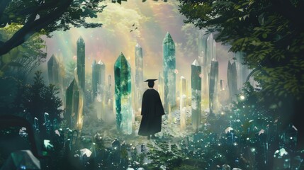 Wall Mural - Surreal graduation concept with a graduate in a floating crystal forest