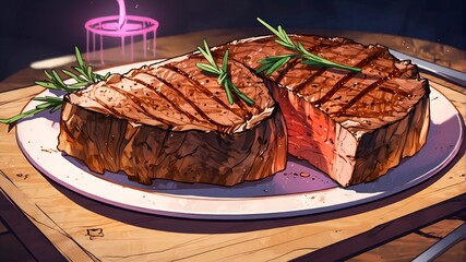 A tasty beef steak with rosemary and herbs in retro anime style with neon light.