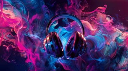 Wall Mural - A vibrant and energetic banner for Music Day celebrations featuring a pair of sleek headphones surrounded by a kaleidoscope of swirling colors and patterns,