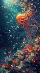 Wall Mural - Underwater Surreal Abstract Ocean Reef Water Digital Art Wallpaper Unique Radiant Contemporary Vertical Game App Artwork Background, Vibrant Backdrop Concept, Web Graphic, Youtube Twitch Banner Design