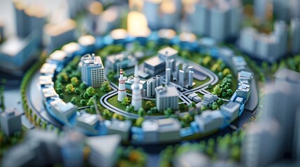 Poster - tilt shift aerial view of futuristic city skyline with skyscrapers and busy downtown infrastructure
