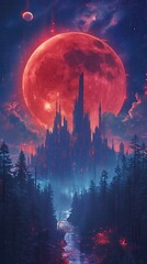 Wall Mural - Blood Moon Castle Fantasy Horror Landscape Digital Art Wallpaper Unique Radiant Contemporary Vertical Game App Background, Vibrant Marketing Backdrop Concept, Web Graphic, Youtube Twitch Banner Design