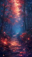 Wall Mural - Fairy Lights Forest Night Fantasy Landscape Digital Art Wallpaper, Unique Radiant Contemporary Vertical Game App Background, Vibrant Backdrop Concept, Advertising Web, Youtube Twitch Banner Design