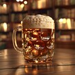 Frosty Mug of Amber Lager Beer on Wooden Table in Bar Setting