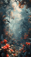 Canvas Print - Tropical Jungle Forest Landscape Digital Art Wallpaper, Contemporary Vertical Game App Background, Vibrant Online Travel Backdrop Concept, Advertising Web Graphic, Youtube and Twitch Banner Design