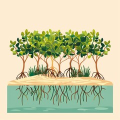 Habitat mangrove planting flat design side view coastal protection theme water color Tetradic color scheme