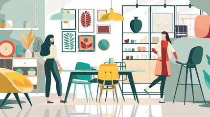 Poster - Home Decor Shopping: Woman Exploring Dining Chairs in Furniture Store - Perfect for Interior Design Inspiration