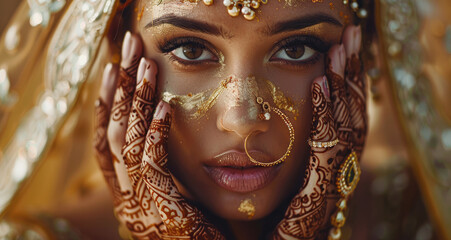 Wall Mural - Close up of an Indian woman with henna on her hands and face, wearing traditional jewelry and makeup, with a blurred background